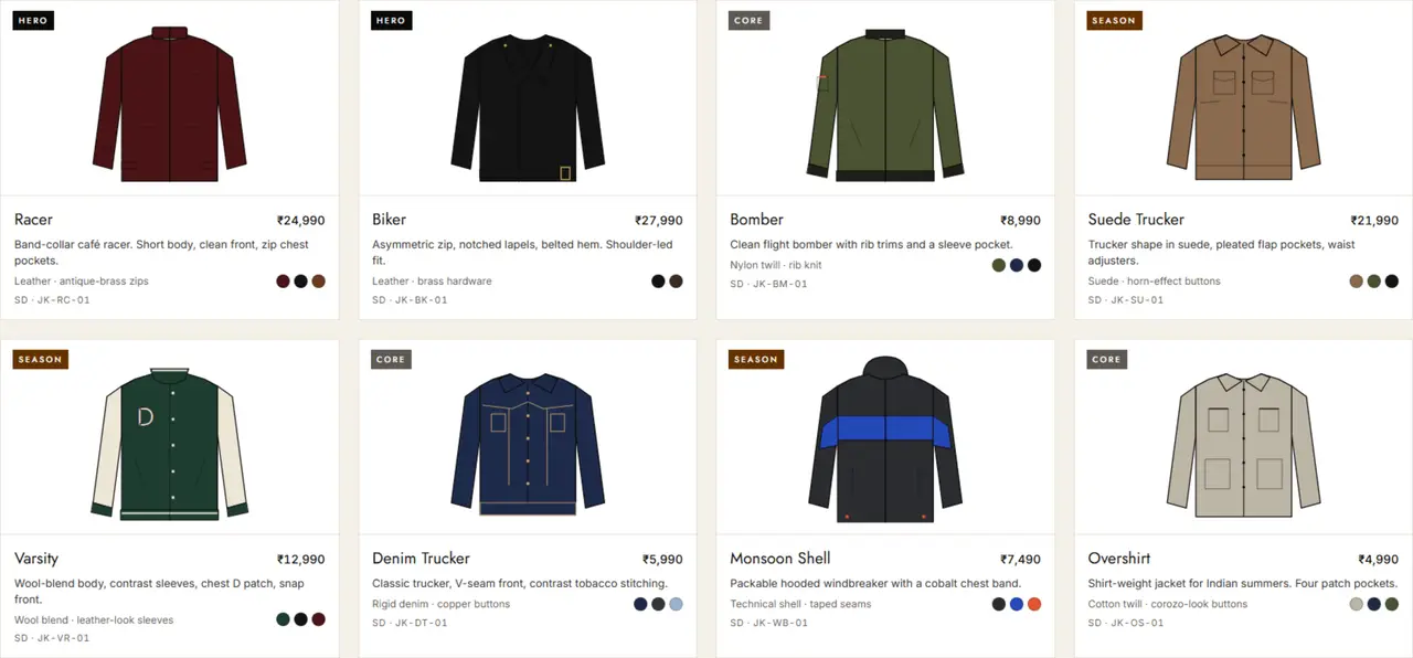 SanDune jacket range: Racer, Biker, Bomber, Suede Trucker, Varsity, Denim Trucker, Monsoon Shell and Overshirt