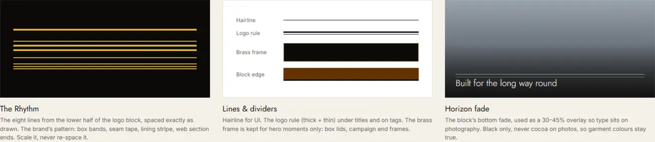 SanDune graphic identity: horizontal rhythm, rules and horizon fade
