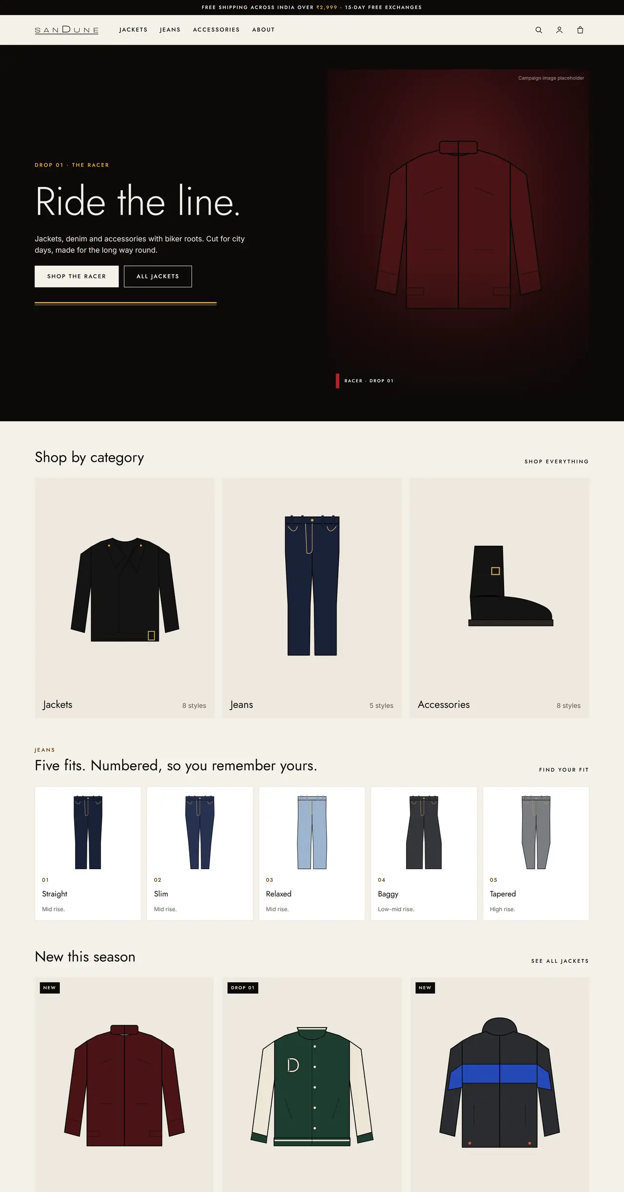 SanDune desktop store concept: Ride the line hero, categories and new-season jacket grid