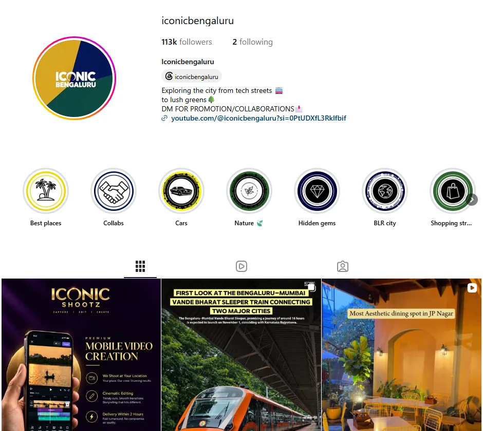 Iconic Bengaluru on Instagram: profile with themed highlights and recent posts